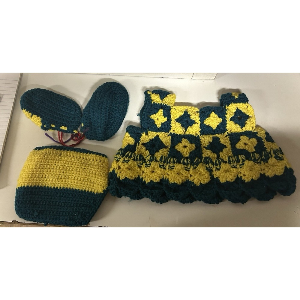 Handmade Crochet Baby Girl Dress Set Diaper Cover Bootie Yellow Teal Blue Granny